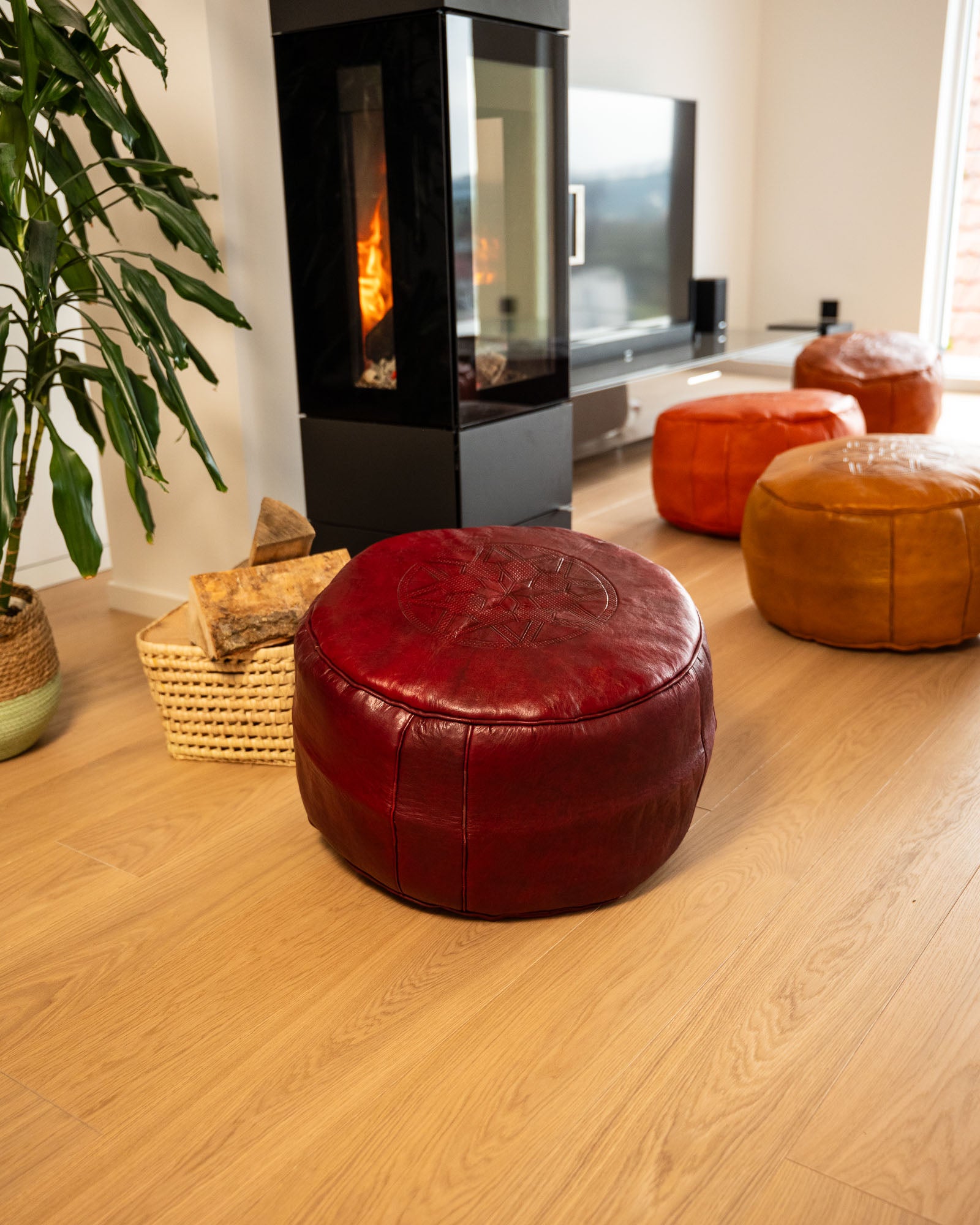 Boho-Pouf Weinrot aus Leder