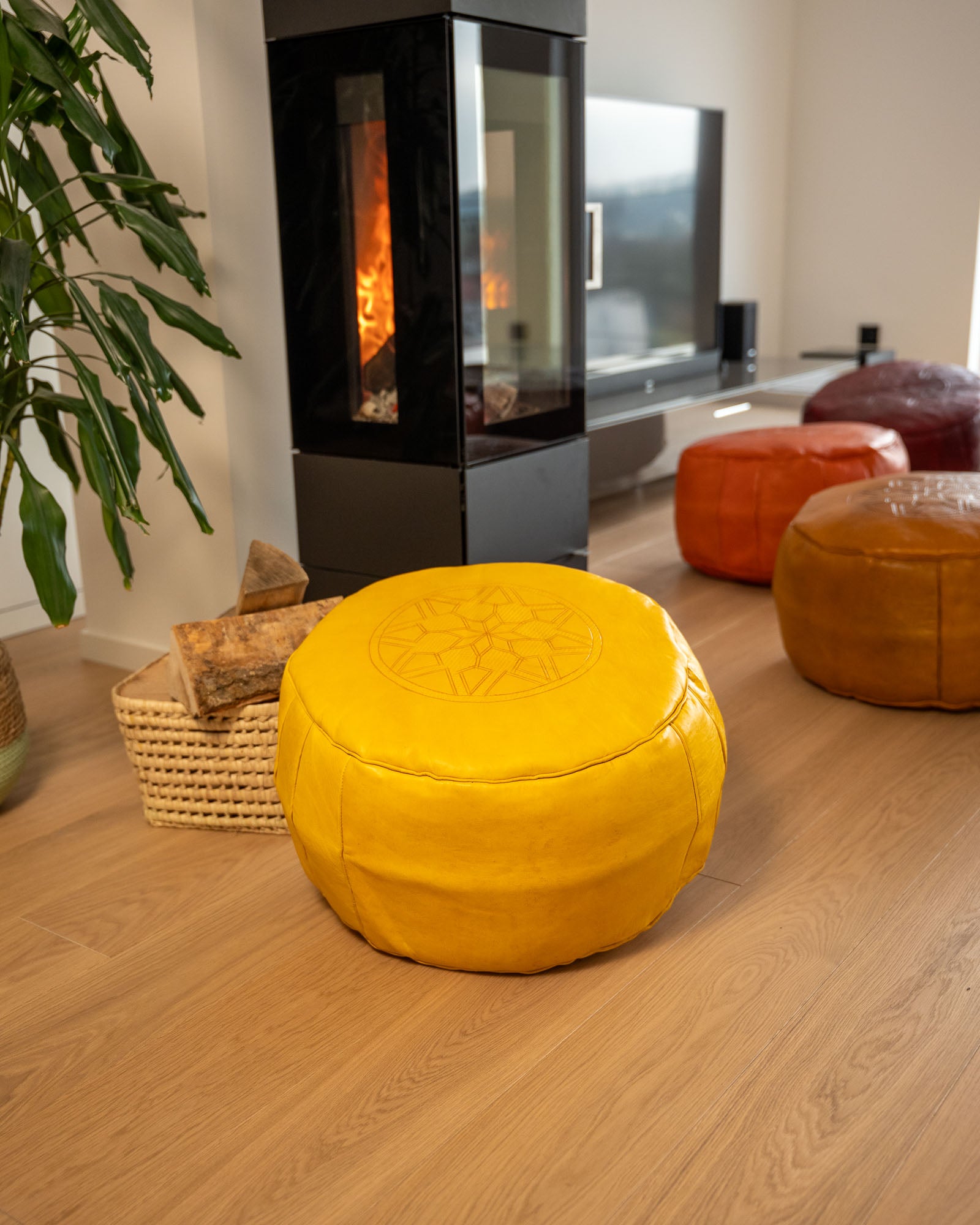 Boho-Pouf Gelb aus Leder