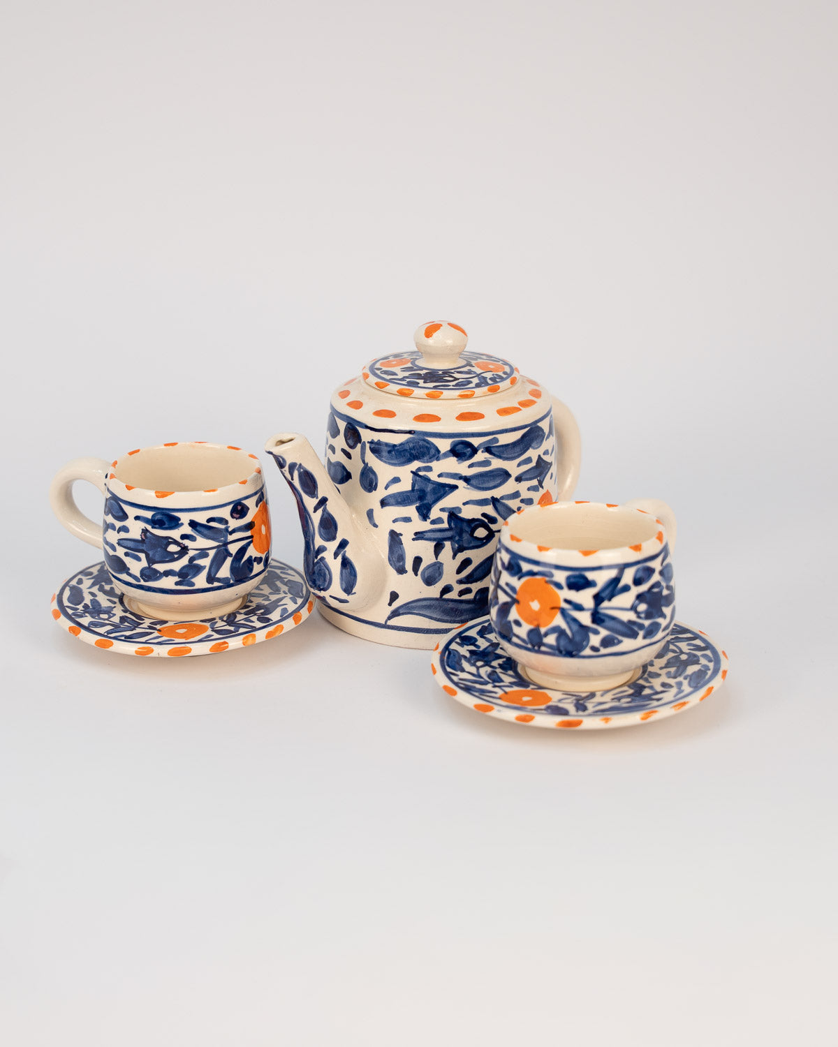 Handmade schöne Teekanne mit Tassen, Keramik Teekanne Set blau orange bei MOGADOR