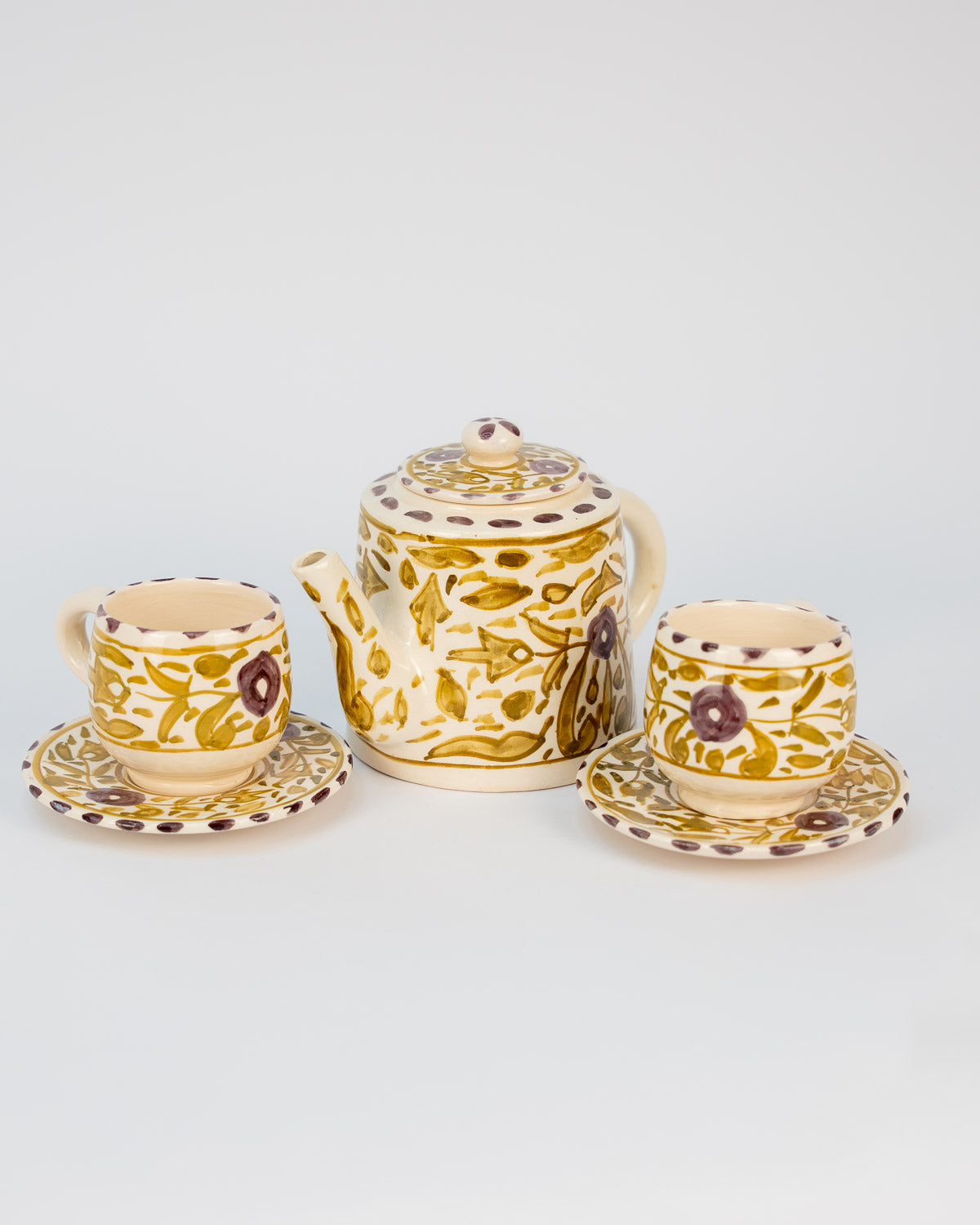 Handmade schöne Teekanne mit Tassen, Keramik Teekanne Set beige grün bei MOGADOR